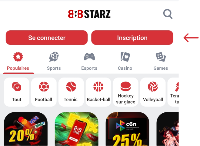 Cliquez sur S’inscrire sur l’écran 888starz Apk Sénégal